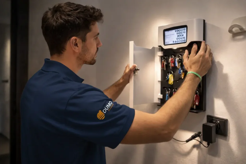 Trabajador de Dumo revisando caja fuerte de custodia de llaves