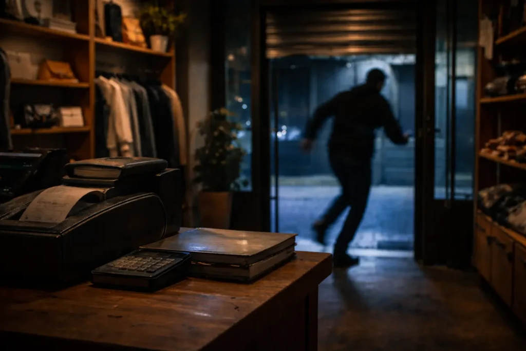 Ladrón escapando de un comercio de noche mientras actúa la central de alarmas Barcelona de Dumo