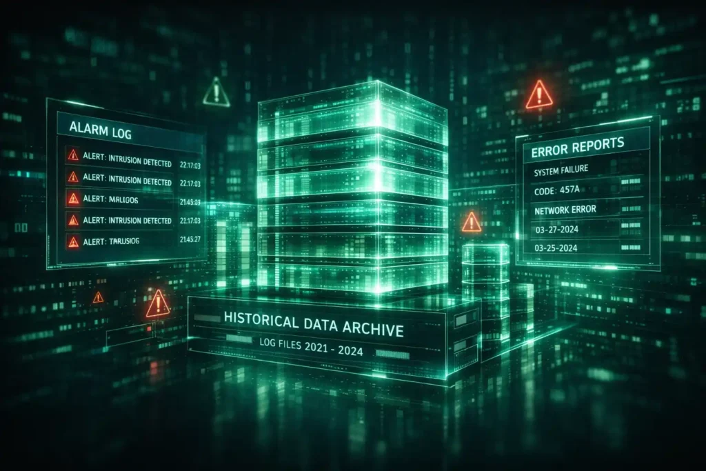 ilustración representando almacenamiento y trazabilidad de datos de la central de alarmas