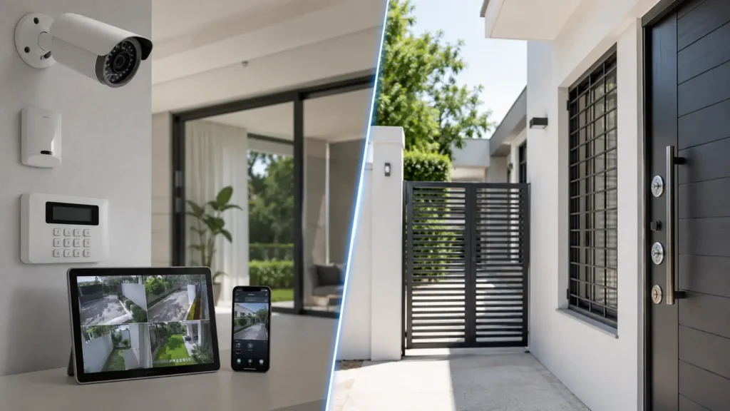 Sistema de seguridad para vivienda con valla perimetral, teclado de alarma interior y cámara de videovigilancia exterior.