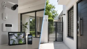 Sistema de seguridad para vivienda con valla perimetral, teclado de alarma interior y cámara de videovigilancia exterior.