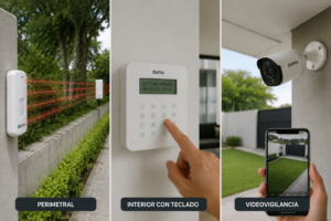 Cámara de videovigilancia, teclado de alarma y sensores perimetrales instalados en una vivienda.