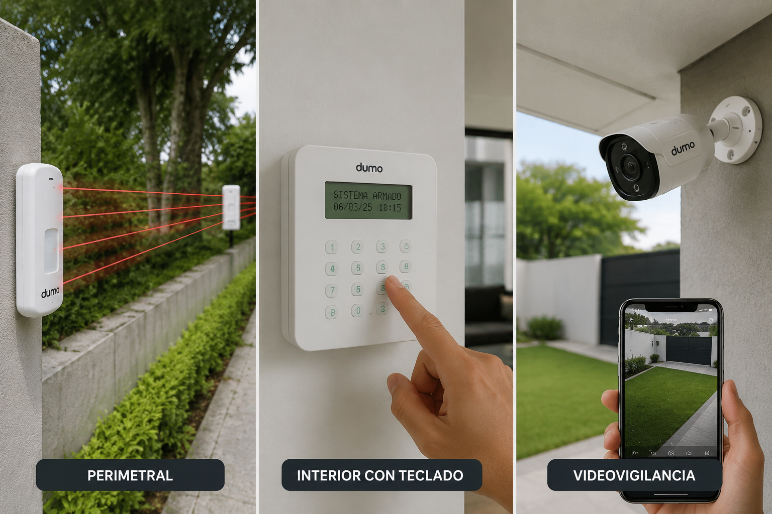 Cámara de videovigilancia, teclado de alarma y sensores perimetrales instalados en una vivienda.