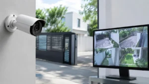 Pantalla de control con imagen de cámara y cámara de videovigilancia instalada en una vivienda.