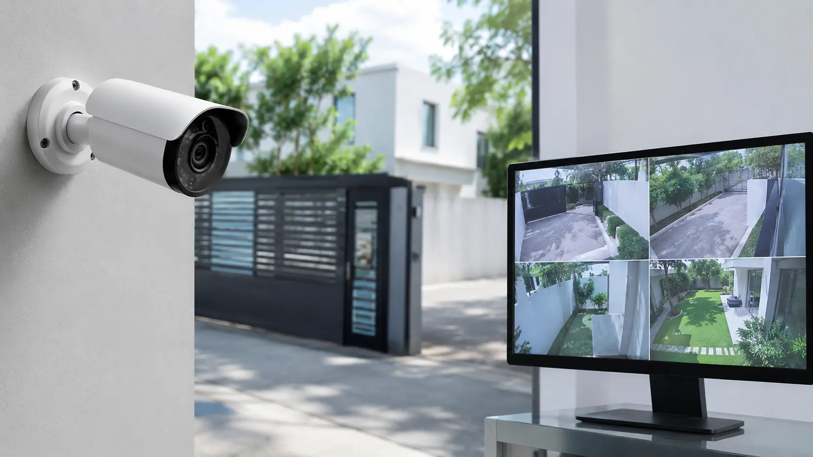 Pantalla de control con imagen de cámara y cámara de videovigilancia instalada en una vivienda.