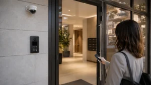 vecino en el portal de un edificio de viviendas con una cámara de videovigilancia en la puerta