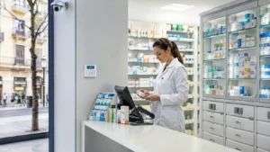 personal revisando stock dentro de una farmacia