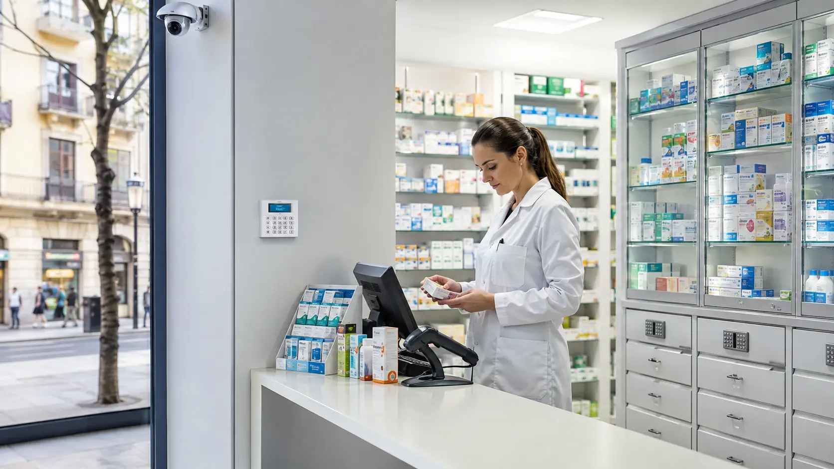 personal revisando stock dentro de una farmacia