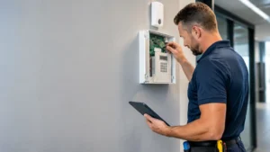 trabajador realizando un mantenimiento de una alarma de seguridad