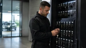 Trabajador reponiendo llaves de viviendas en una caja fuerte para custodiar